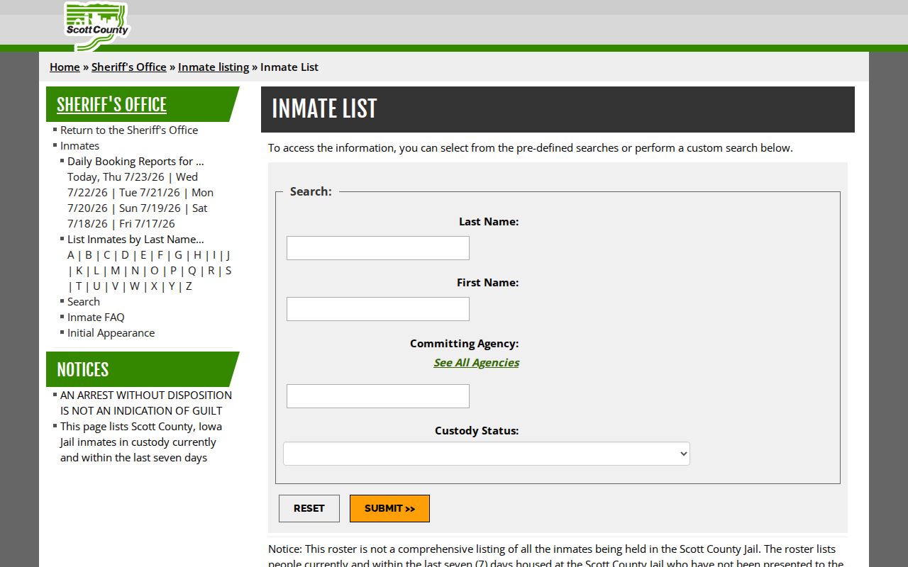 Scott County inmate roster fields for arrest and custody searches