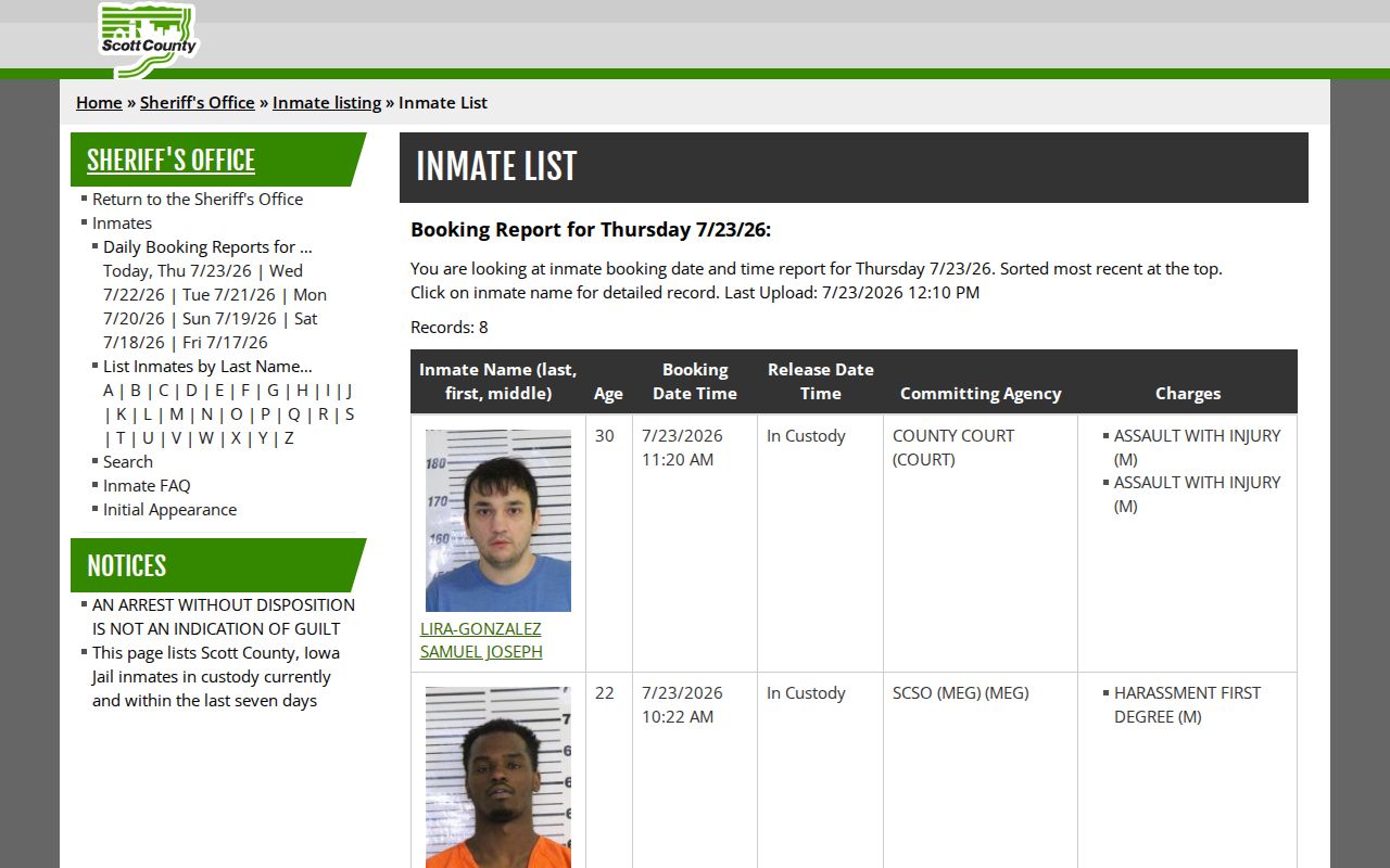 Scott County daily booking report used for recent arrest searches