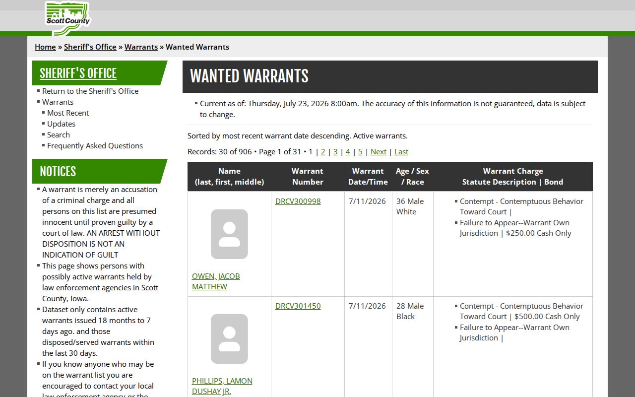 Scott County warrant search used with arrest record checks