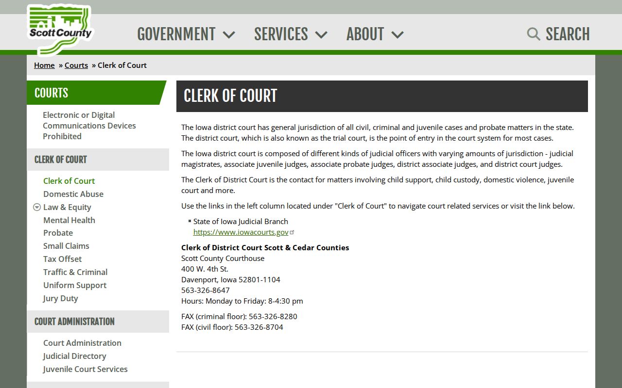 Scott County Clerk of District Court case record contact page